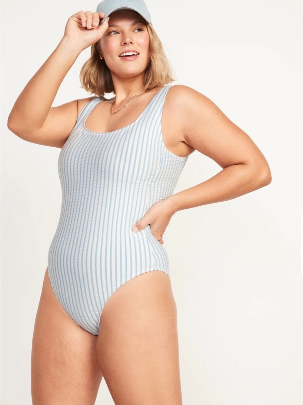 Old Navy 2X Blue and White Striped Seersucker One-Piece Swimsuit
